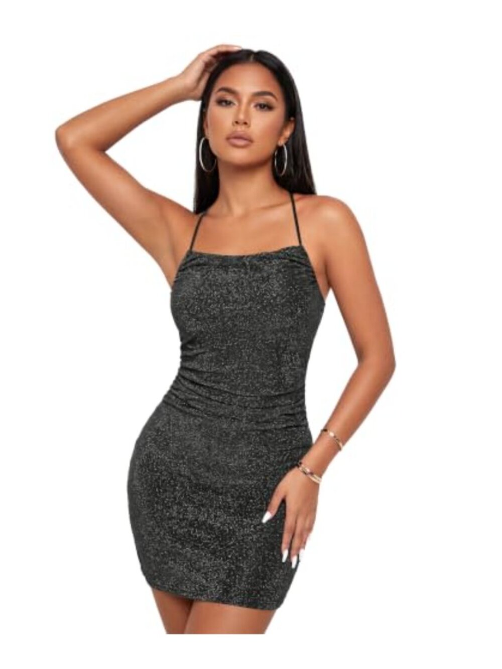Glitter Sequin Bodycon Mini Dress Spaghetti Strap Ruched Party